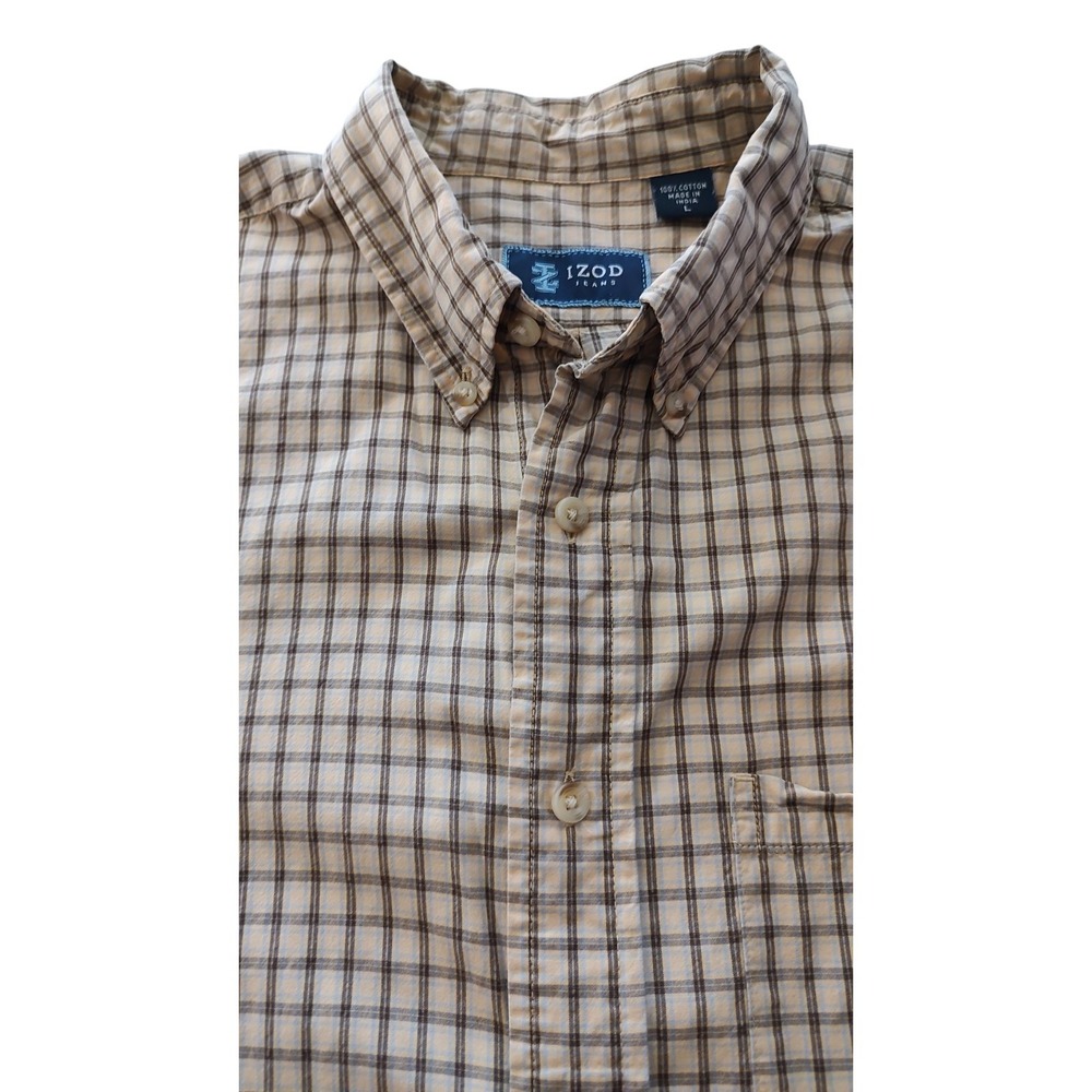 Izod Plaid Cotton Shirt Blue and Brown Long Sleeve Retro Button Down Mens Large